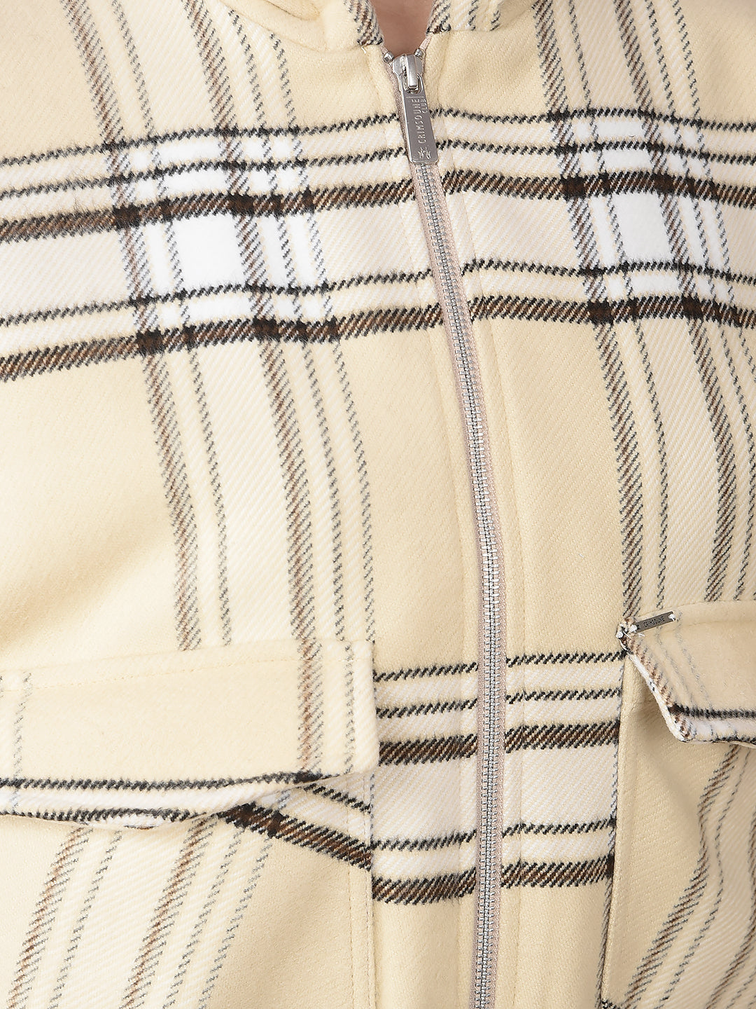 Beige Checked Hooded Neck Jacket