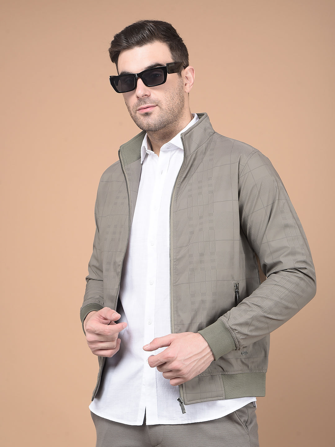 Khaki Printed Mock Neck Bomber Jacket-Men Jackets-Crimsoune Club