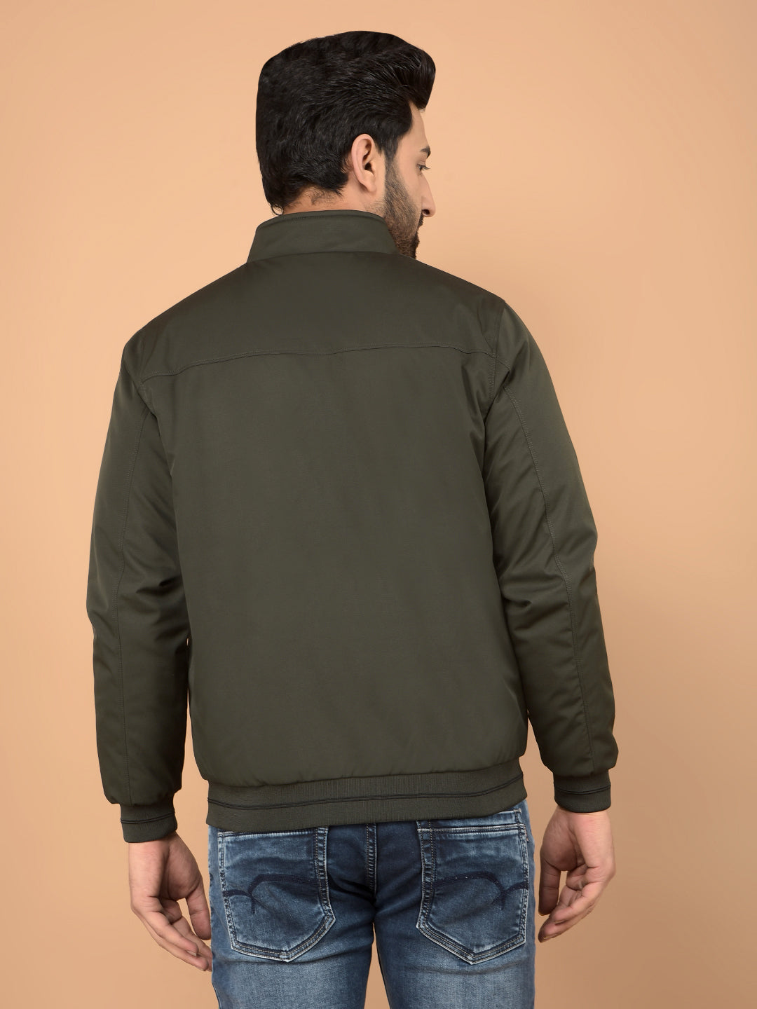 Olive Mock Neck Bomber Reversible Jacket-Men Jackets-Crimsoune Club