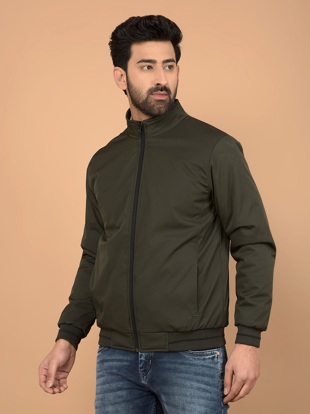 Olive Mock Neck Bomber Reversible Jacket-Men Jackets-Crimsoune Club