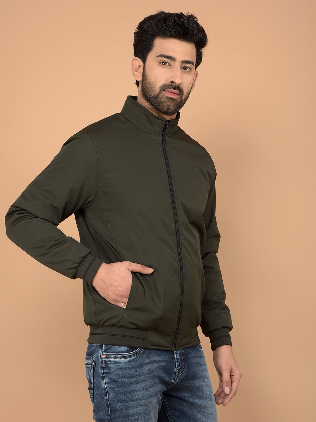 Olive Mock Neck Bomber Reversible Jacket-Men Jackets-Crimsoune Club