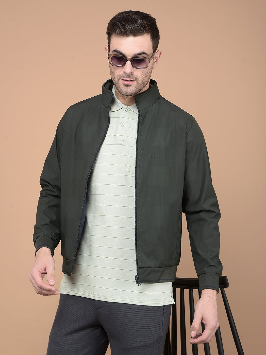 Green Printed Mock Neck Reversible Jacket