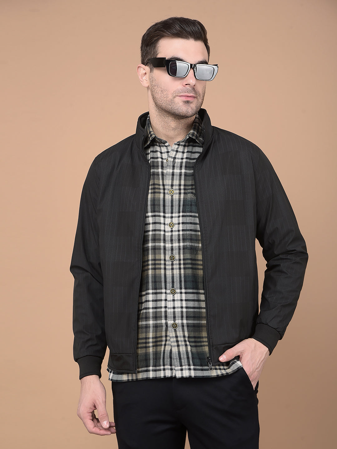 Black Printed Mock Neck Reversible Jacket-Men Jackets-Crimsoune Club