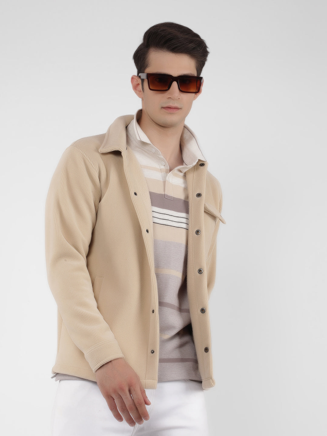 Beige Knitted Corduroy Shacket-Men Shackets-Crimsoune Club