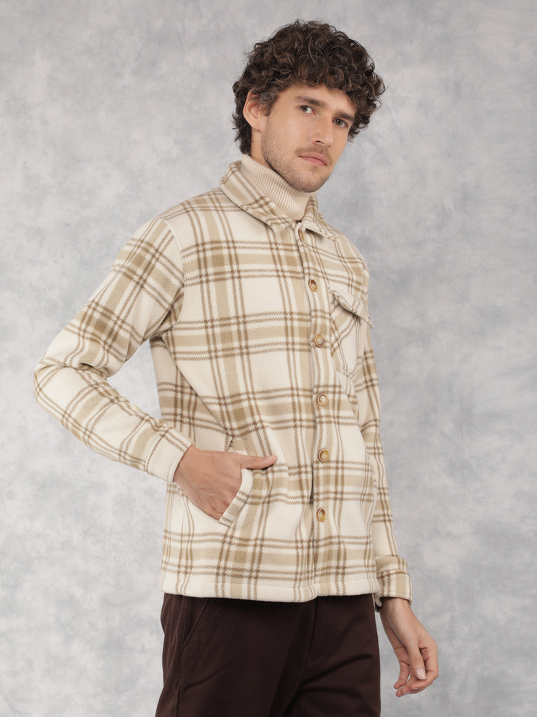 Beige Checkered Shacket-Men Shacket-Crimsoune Club