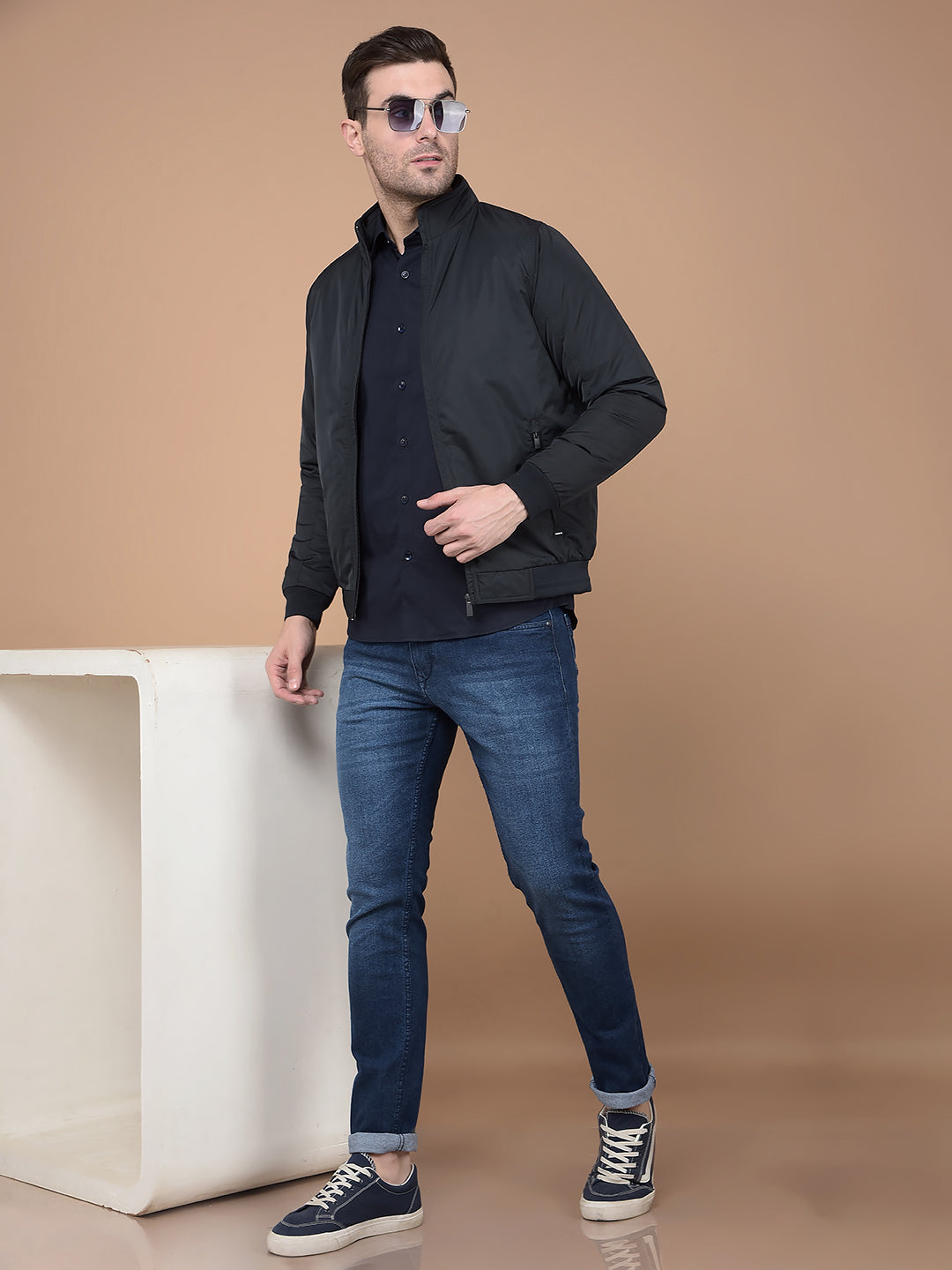 Navy Blue Mock Neck Bomber Jacket-Men Jackets-Crimsoune Club