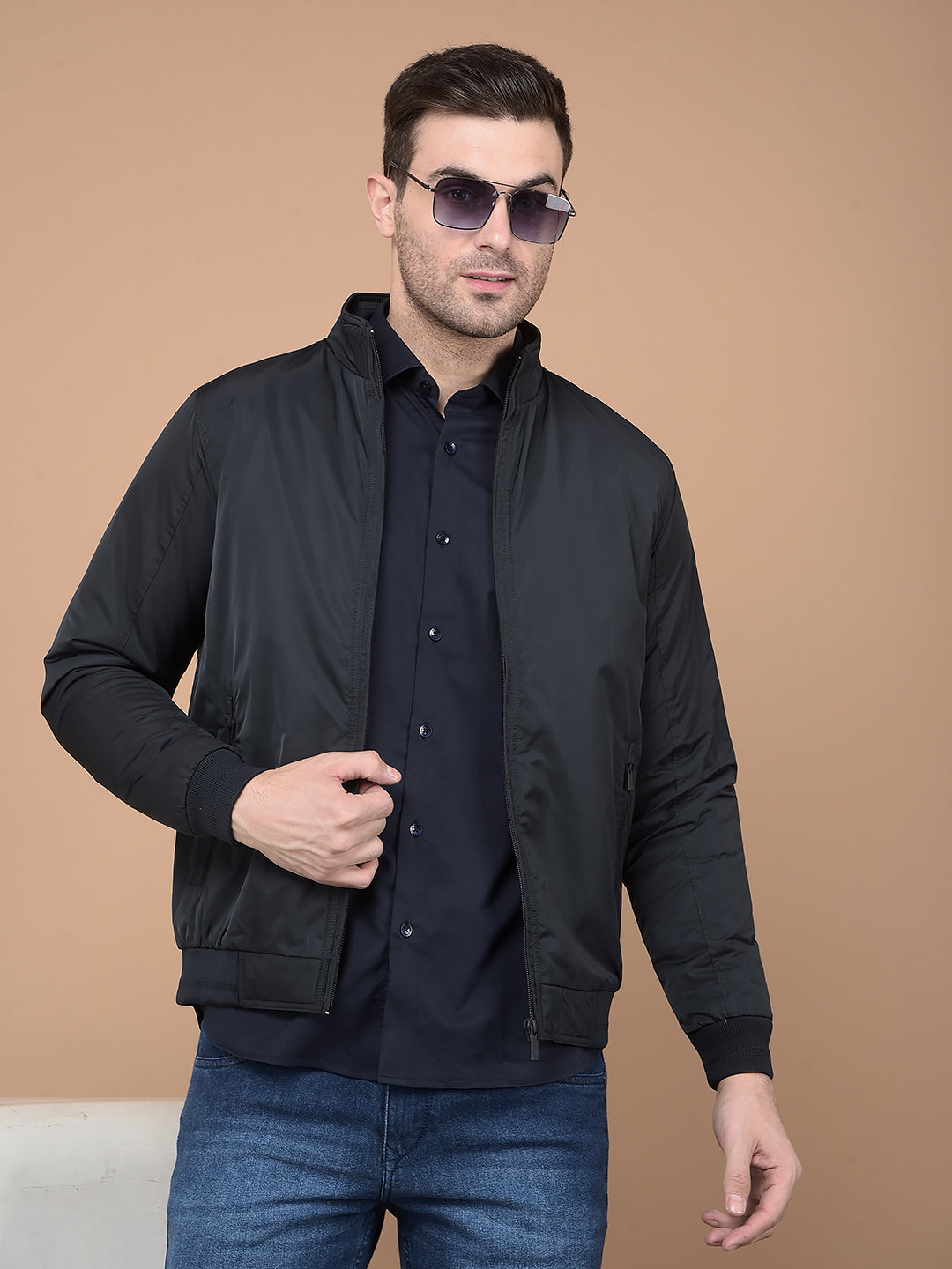 Navy Blue Mock Neck Bomber Jacket-Men Jackets-Crimsoune Club