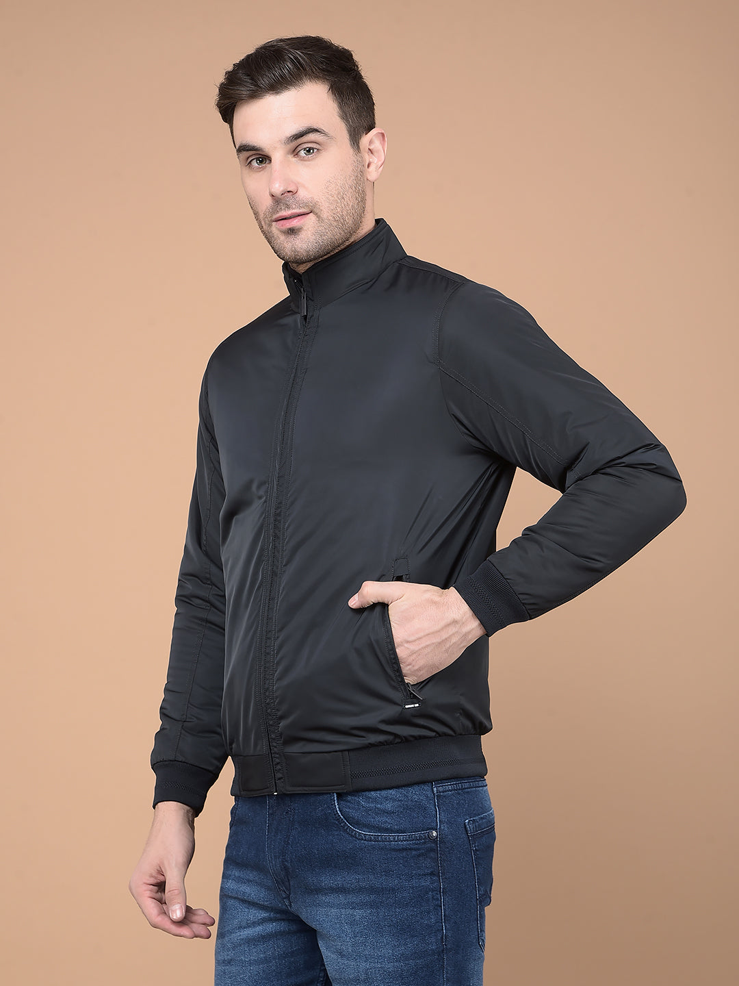 Navy Blue Mock Neck Bomber Jacket-Men Jackets-Crimsoune Club