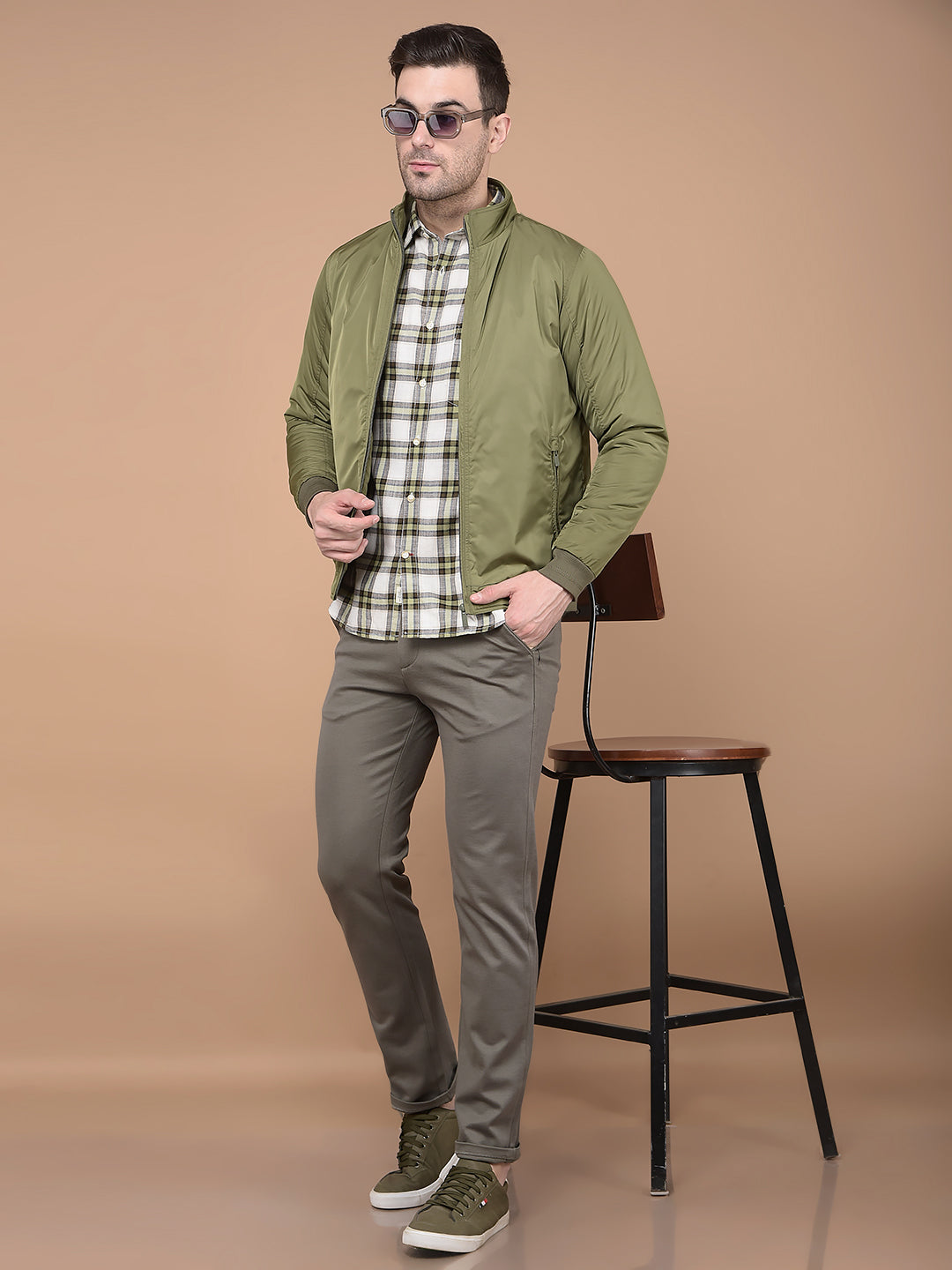 Olive Mock Neck Bomber Jacket-Men Jackets-Crimsoune Club