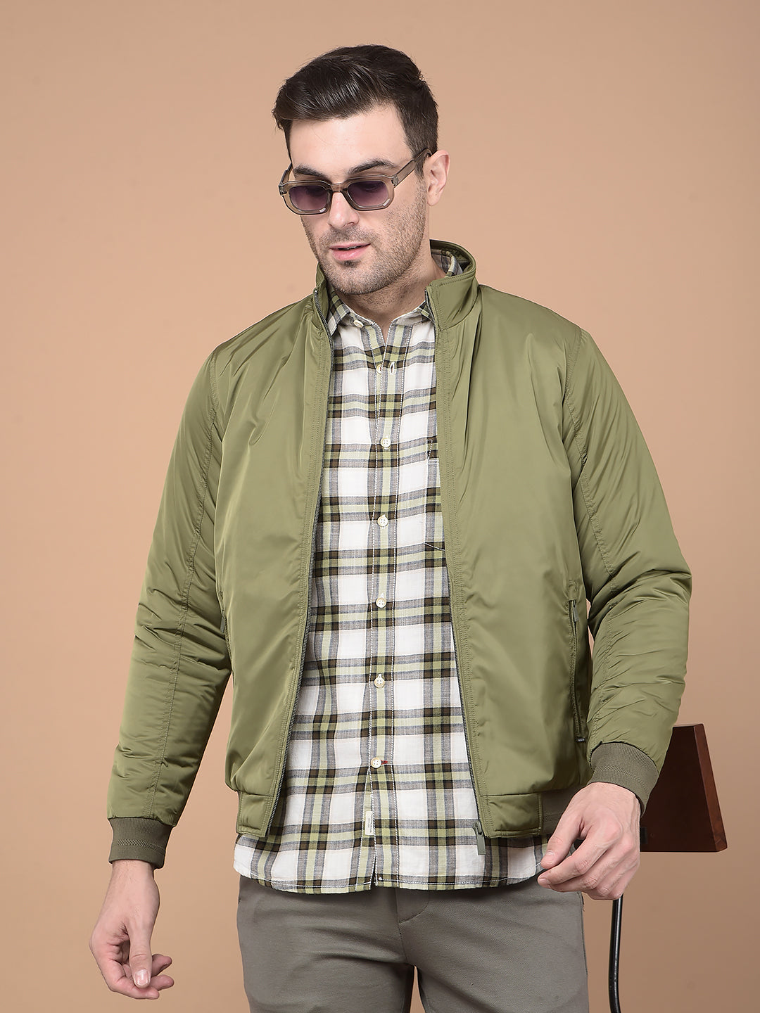 Olive Mock Neck Bomber Jacket-Men Jackets-Crimsoune Club