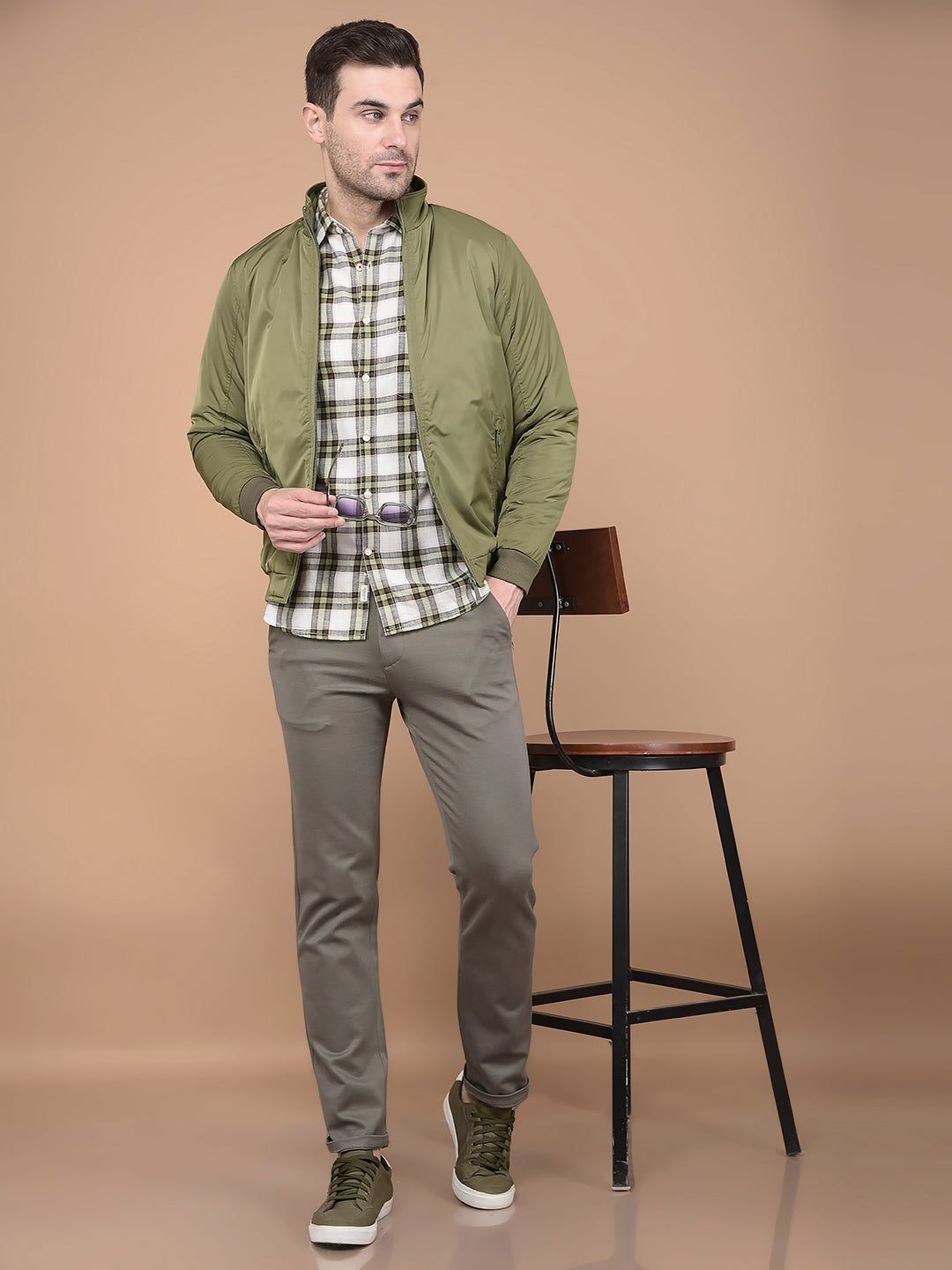 Olive Mock Neck Bomber Jacket-Men Jackets-Crimsoune Club