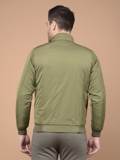 Olive Mock Neck Bomber Jacket-Men Jackets-Crimsoune Club