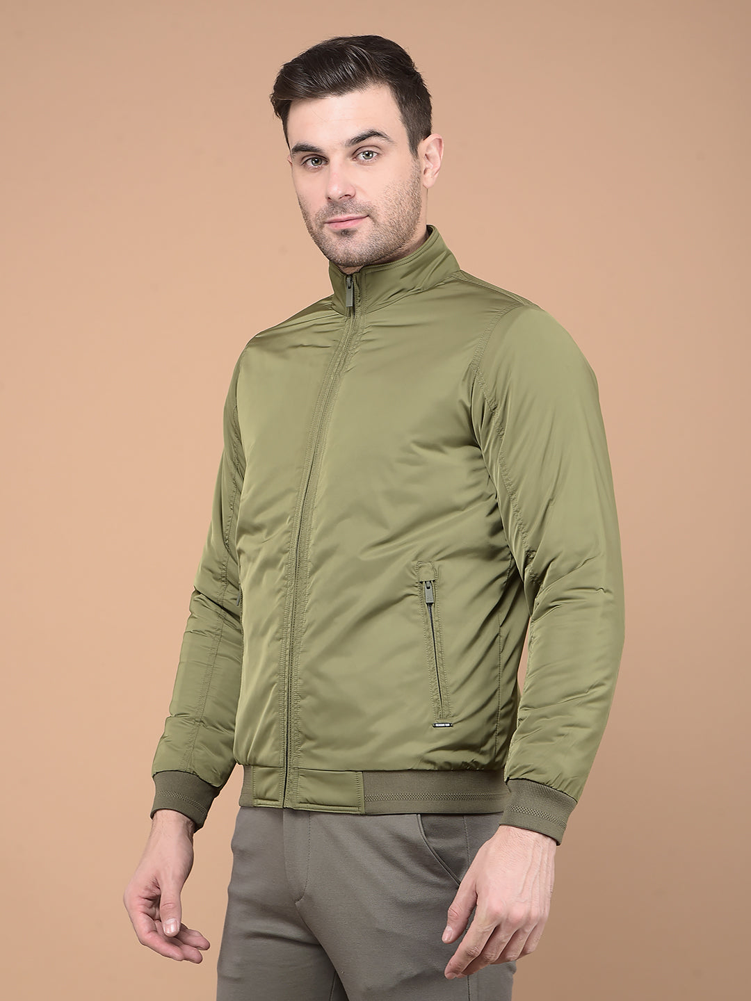 Olive Mock Neck Bomber Jacket-Men Jackets-Crimsoune Club