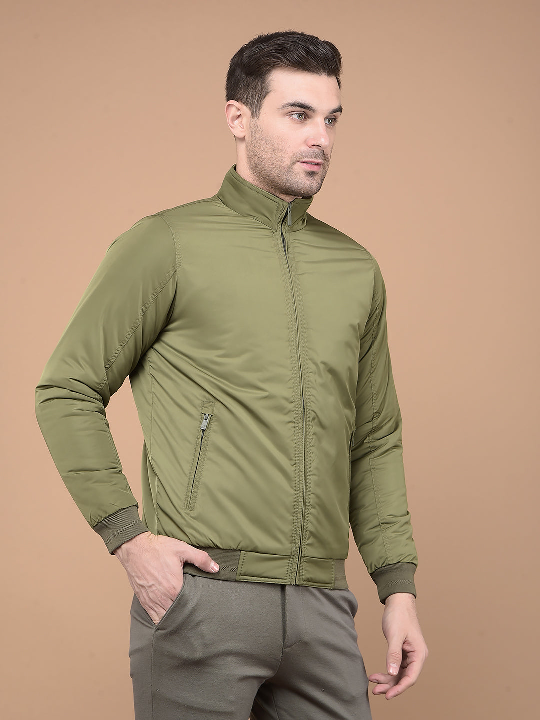 Olive Mock Neck Bomber Jacket-Men Jackets-Crimsoune Club