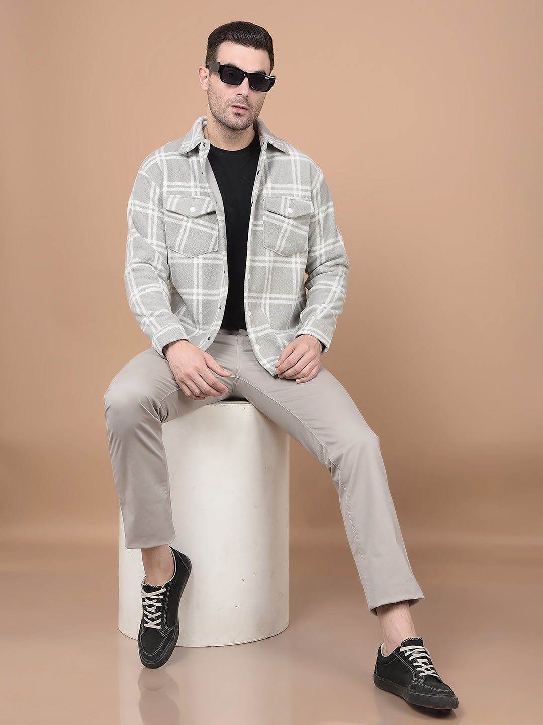 Grey Checked Shacket-Men Shackets-Crimsoune Club