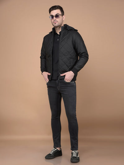 Black Hooded Neck Puffer Jacket-Men Jackets-Crimsoune Club