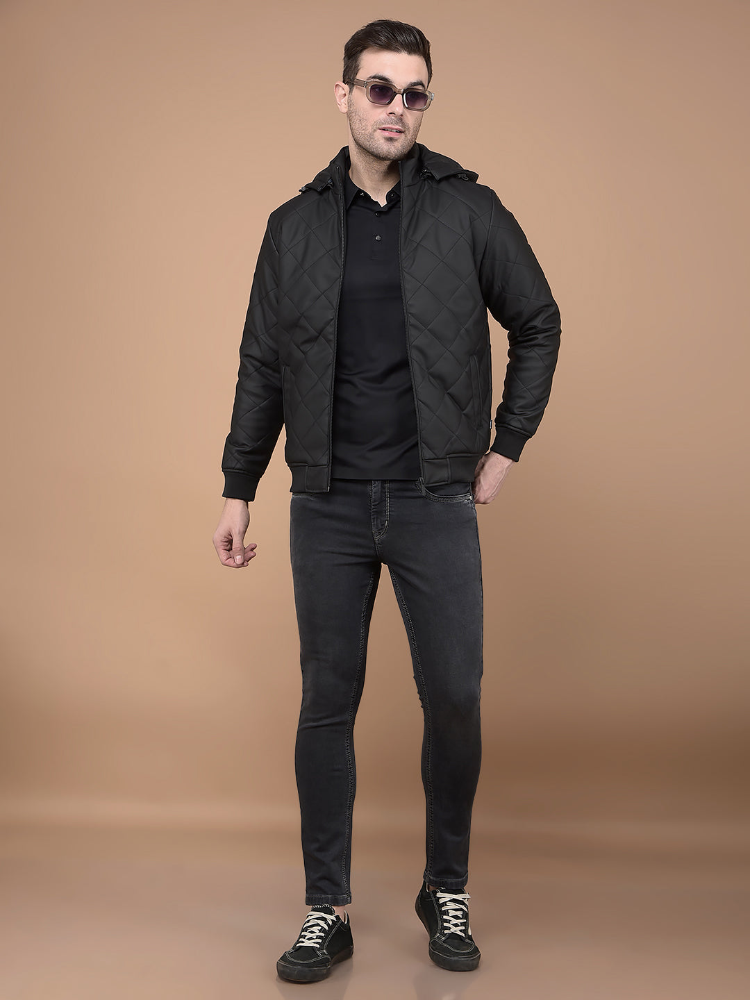 Black Hooded Neck Puffer Jacket-Men Jackets-Crimsoune Club