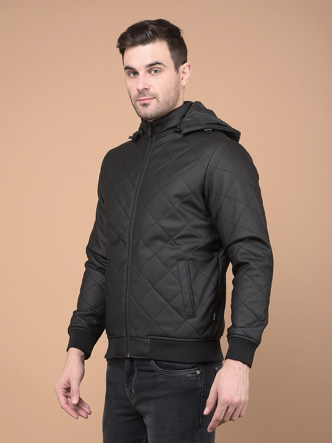 Black Hooded Neck Puffer Jacket-Men Jackets-Crimsoune Club