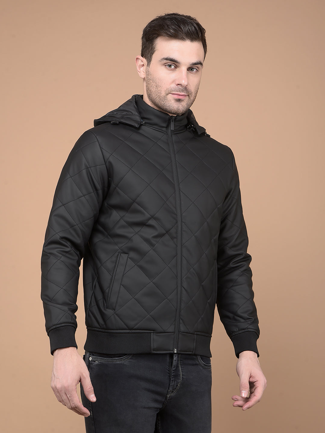 Black Hooded Neck Puffer Jacket-Men Jackets-Crimsoune Club