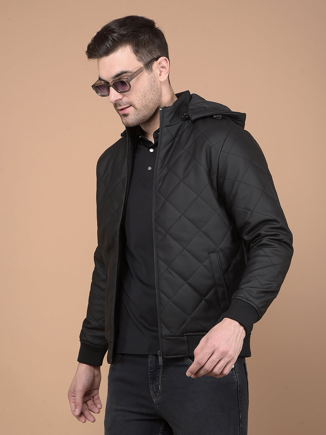 Black Hooded Neck Puffer Jacket-Men Jackets-Crimsoune Club