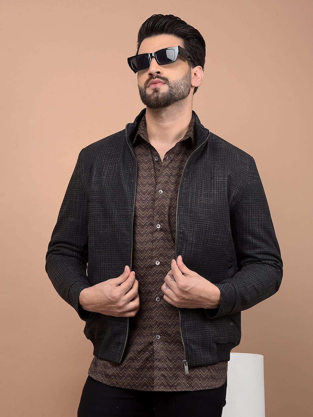 Black Jacquard Bomber Jacket-Men Jackets-Crimsoune Club