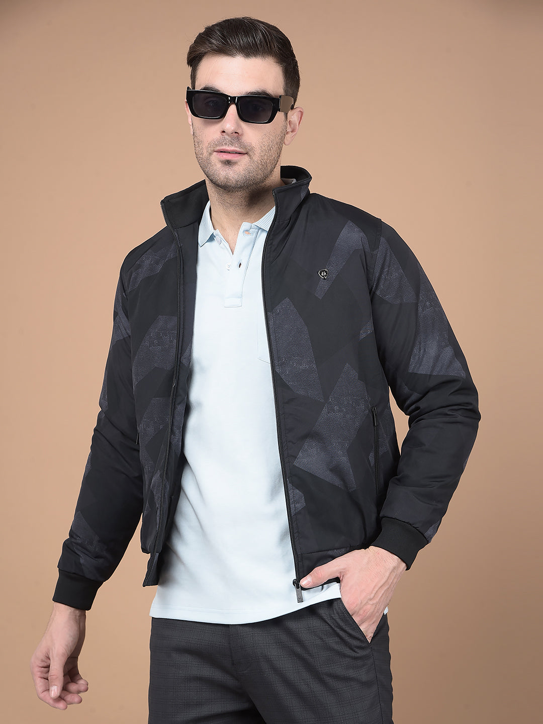 Black Printed Mock Neck Bomber Jacket-Men Jackets-Crimsoune Club