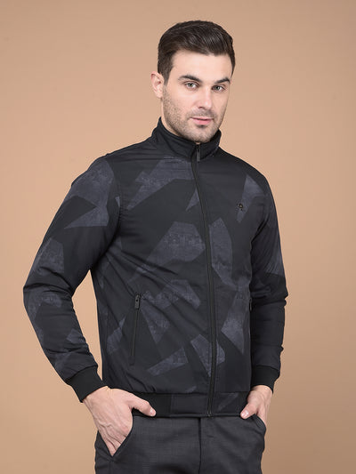 Black Printed Mock Neck Bomber Jacket-Men Jackets-Crimsoune Club