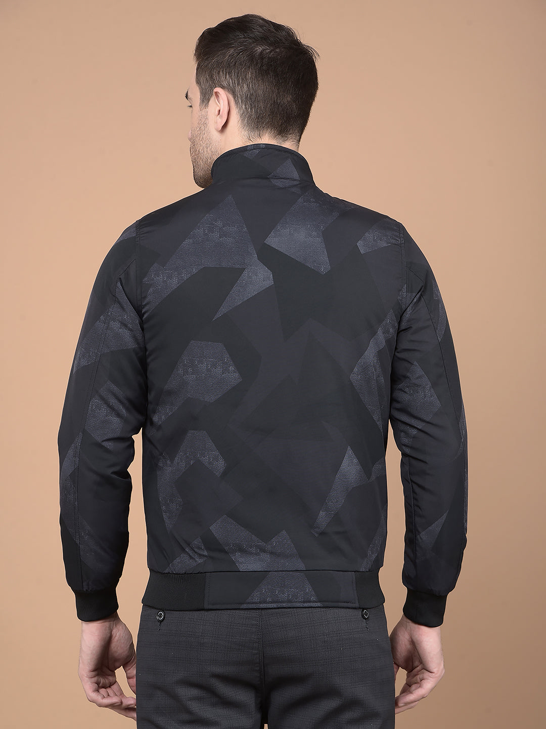 Black Printed Mock Neck Bomber Jacket-Men Jackets-Crimsoune Club