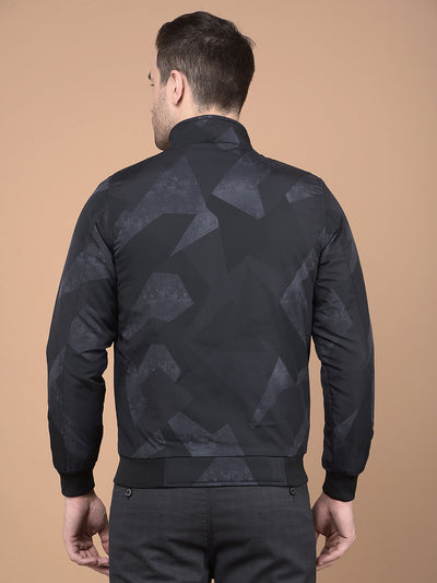 Black Printed Mock Neck Bomber Jacket