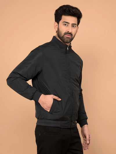 Black Mock Neck Bomber Reversible Jacket-Men Jackets-Crimsoune Club