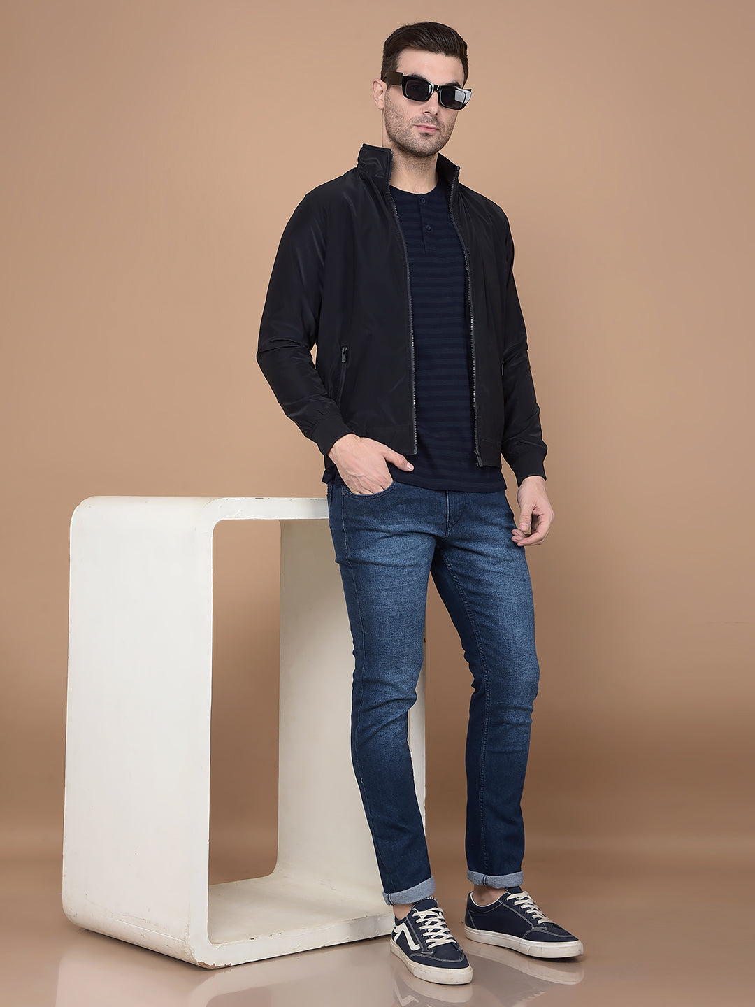 Navy Blue Mock Neck Bomber Jacket-Men Jackets-Crimsoune Club