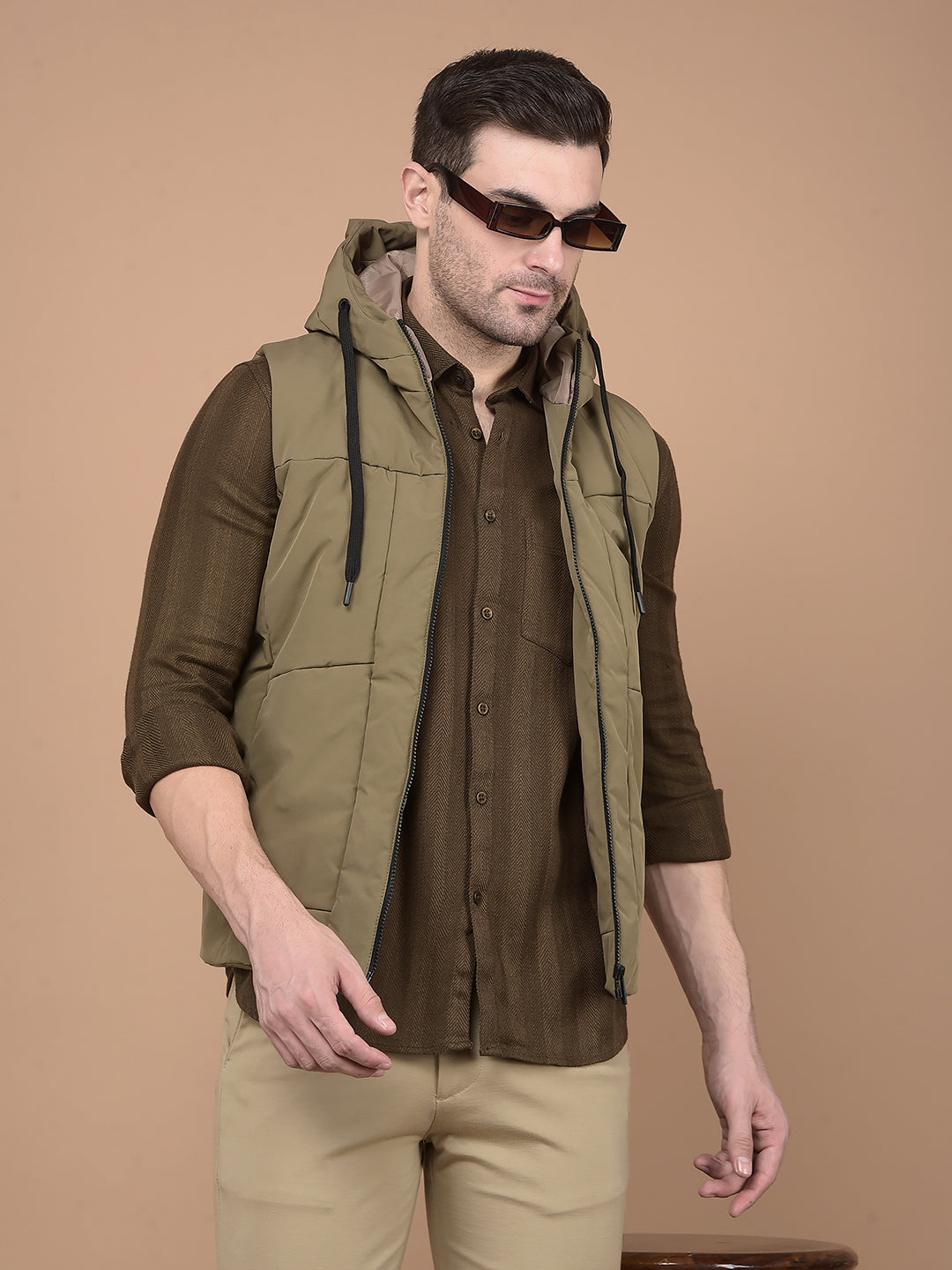 Khaki Hooded Neck Sleeveless Jacket