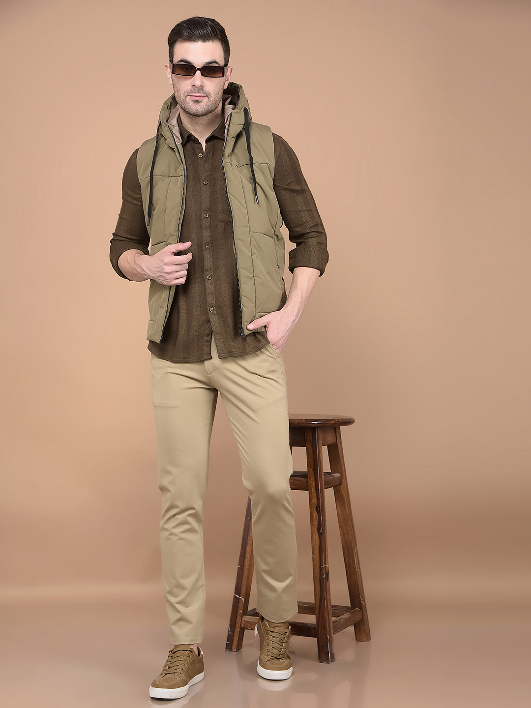 Khaki Hooded Neck Sleeveless Jacket