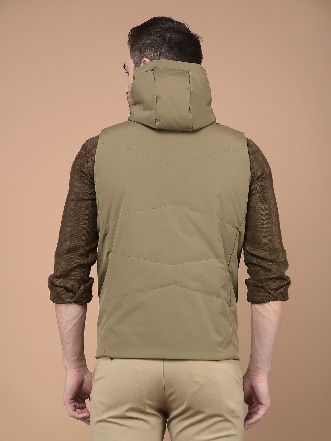 Khaki Hooded Neck Sleeveless Jacket