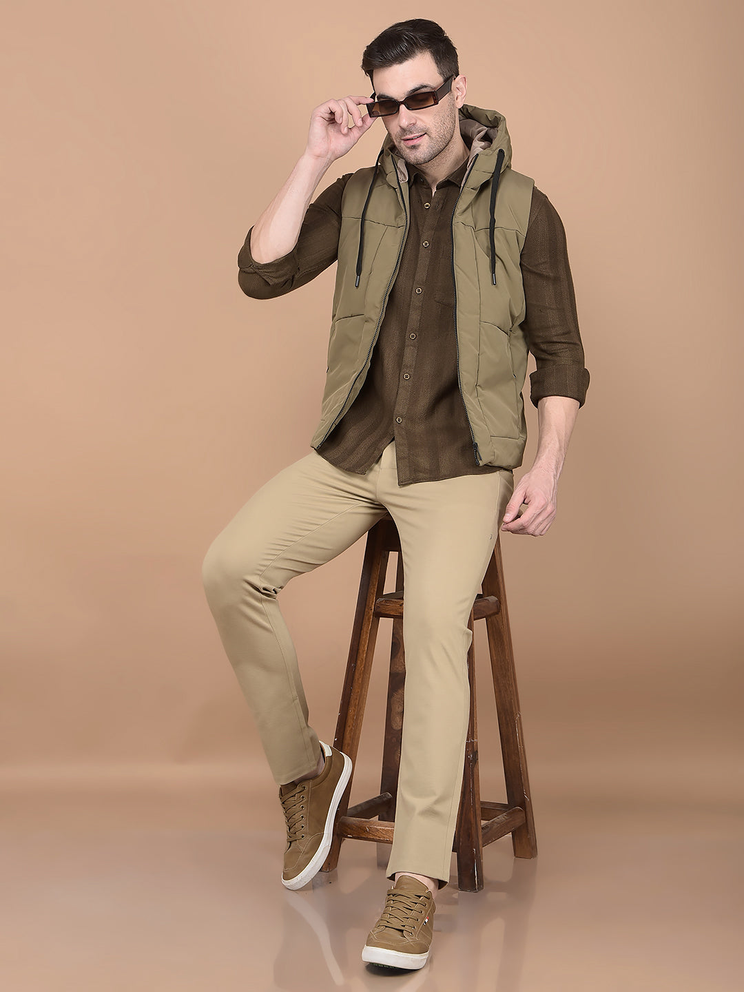 Khaki Hooded Neck Sleeveless Jacket-Men Jackets-Crimsoune Club