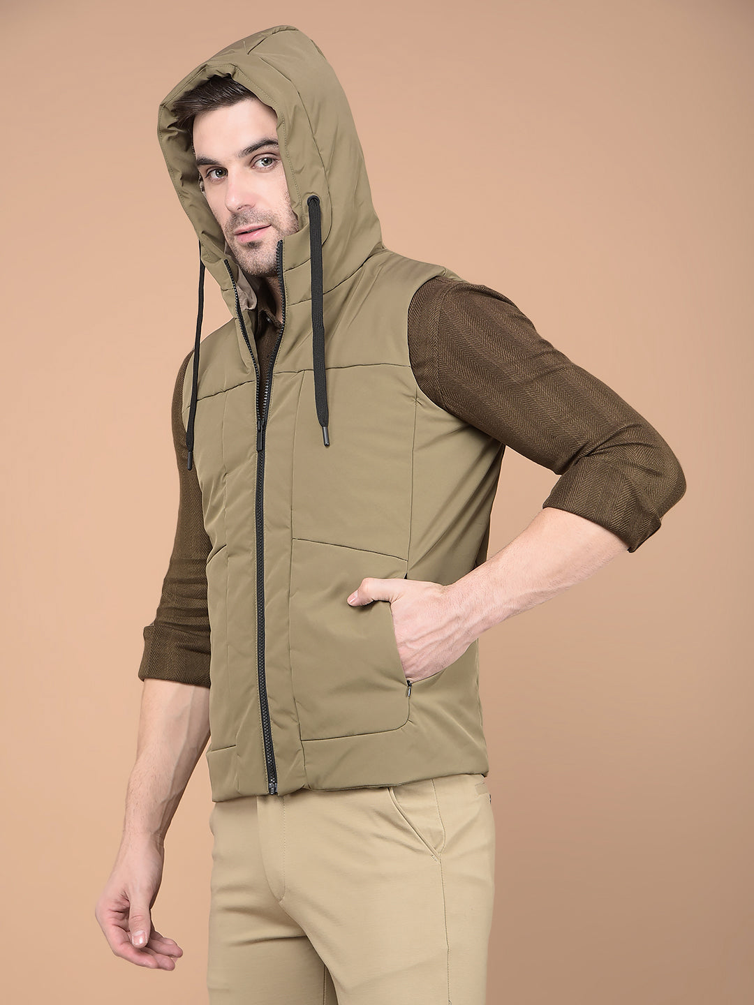 Khaki Hooded Neck Sleeveless Jacket