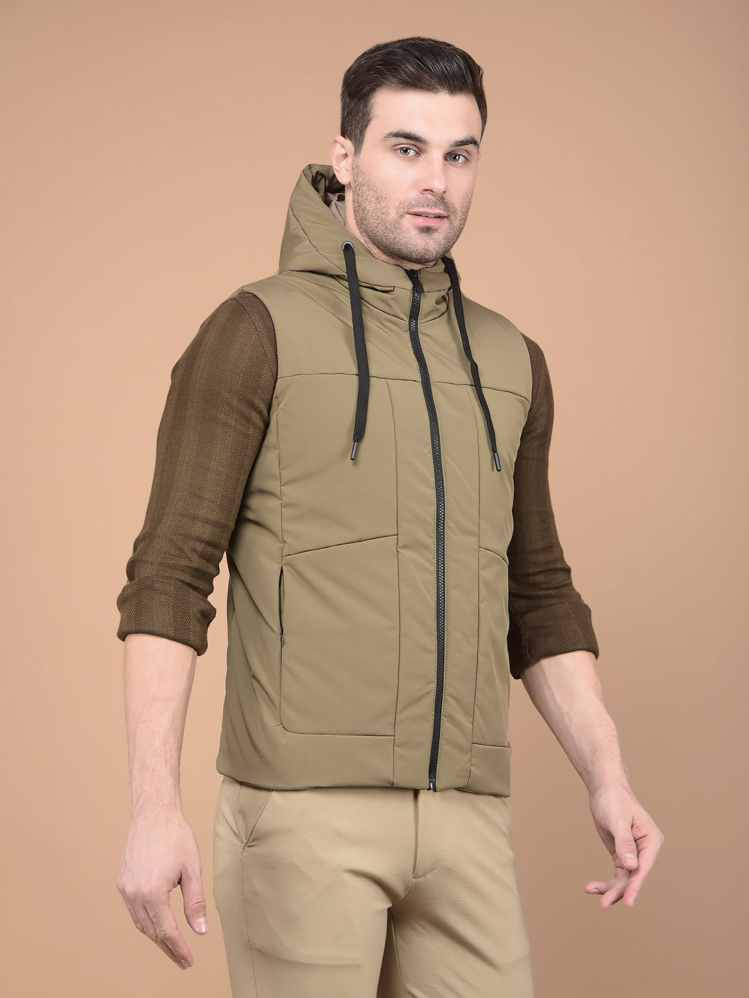 Khaki Hooded Neck Sleeveless Jacket