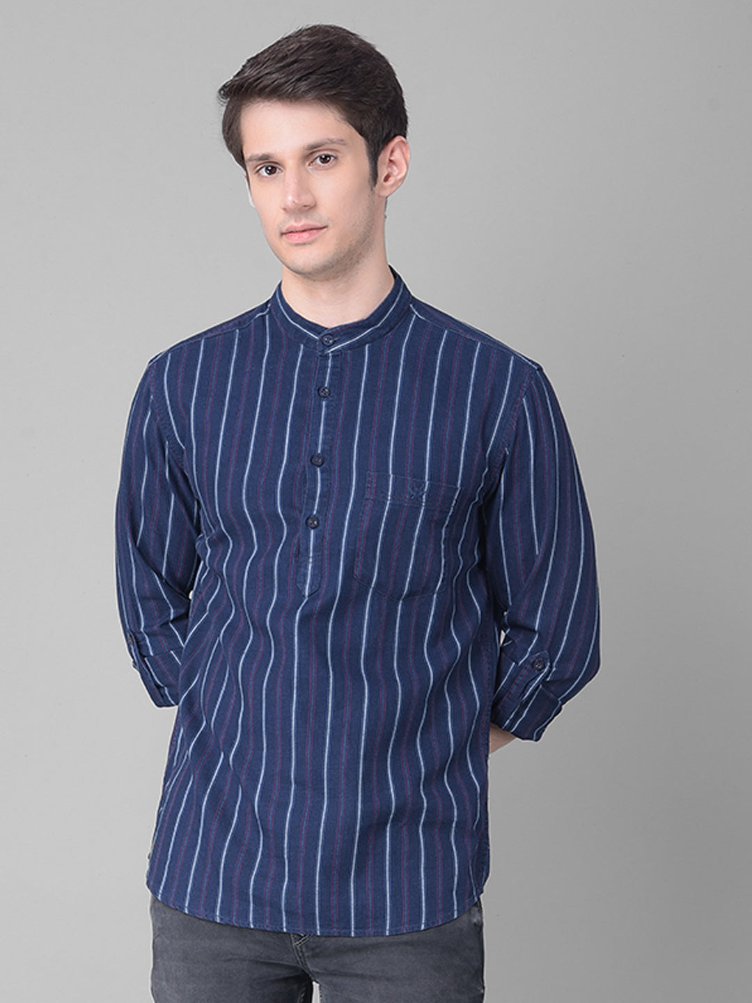 Navy Blue Striped Kurta-Men Kurtas-Crimsoune Club