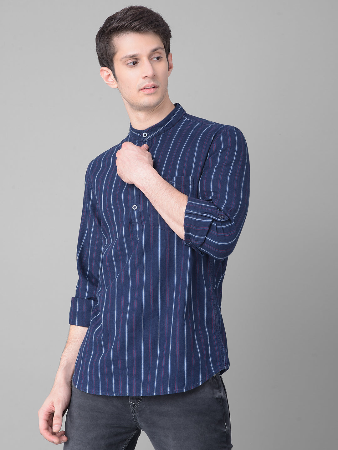 Navy Blue Striped Kurta-Men Kurtas-Crimsoune Club