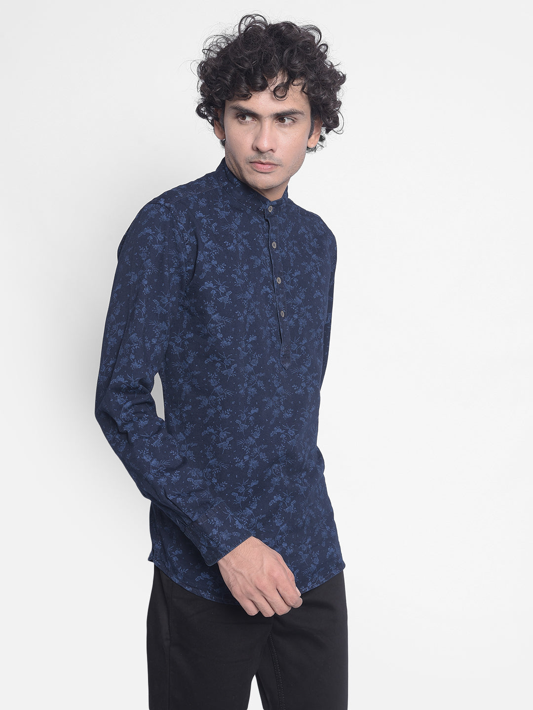 Navy Blue Floral Kurta-Men Kurtas-Crimsoune Club