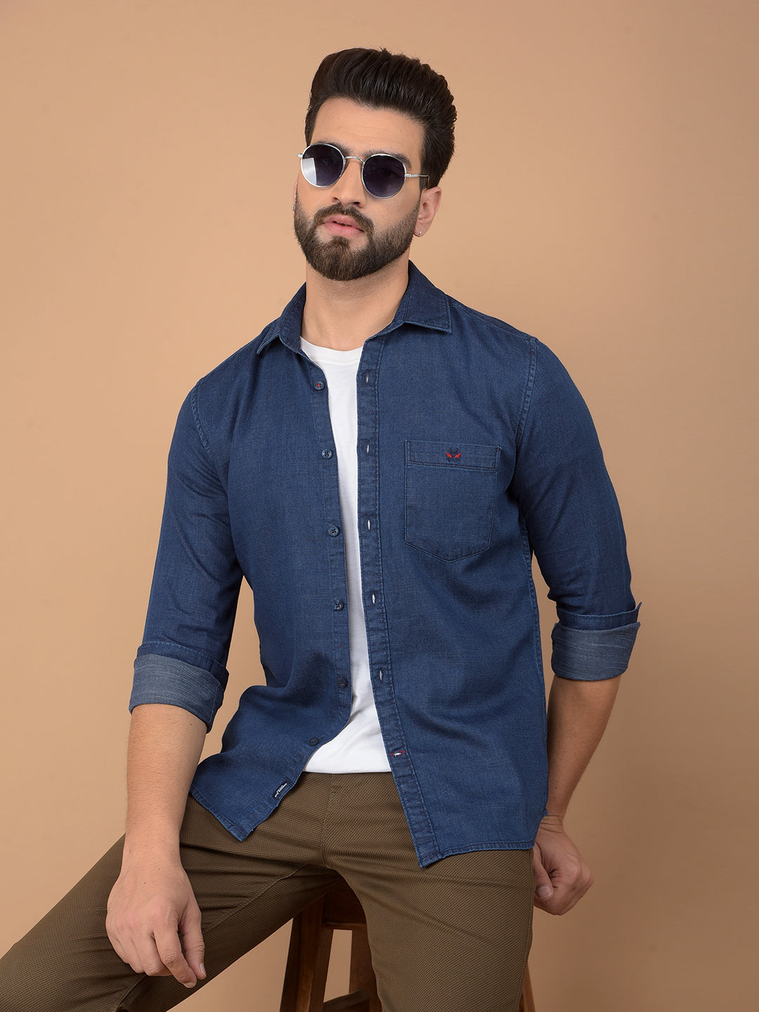 Blue 100% Cotton Denim Shirt-Men Shirts-Crimsoune Club