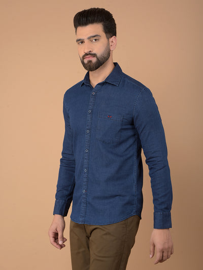 Blue 100% Cotton Denim Shirt-Men Shirts-Crimsoune Club