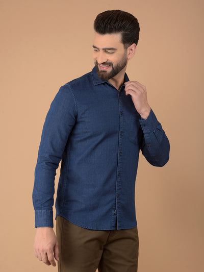 Blue 100% Cotton Denim Shirt-Men Shirts-Crimsoune Club