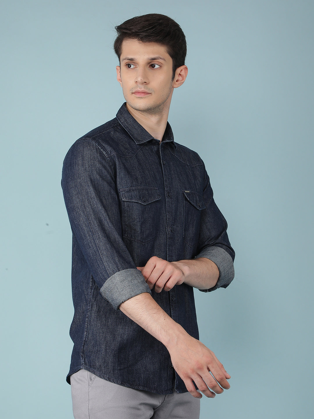 Navy Blue 100% Cotton Denim Shirt-Men Shirts-Crimsoune Club