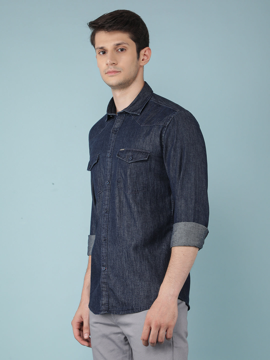 Navy Blue 100% Cotton Denim Shirt-Men Shirts-Crimsoune Club