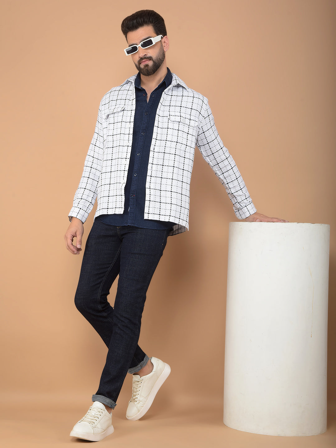 White Checked 100% Cotton Double Pocket Shirt-Men Shirts-Crimsoune Club