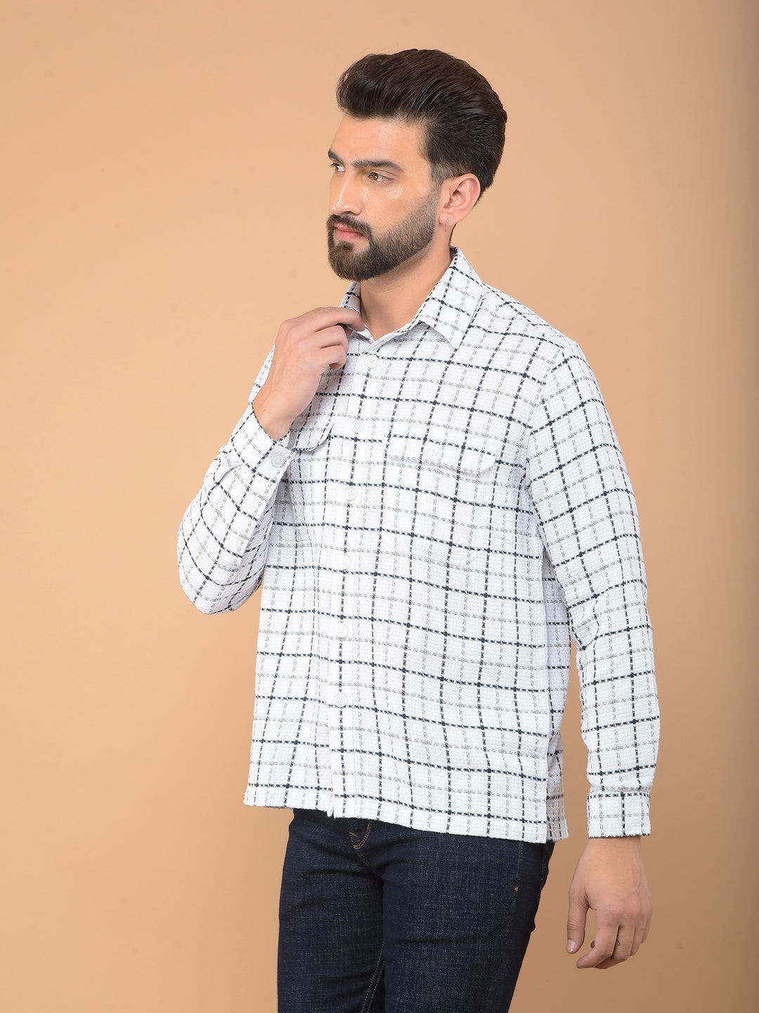 White Checked 100% Cotton Double Pocket Shirt-Men Shirts-Crimsoune Club