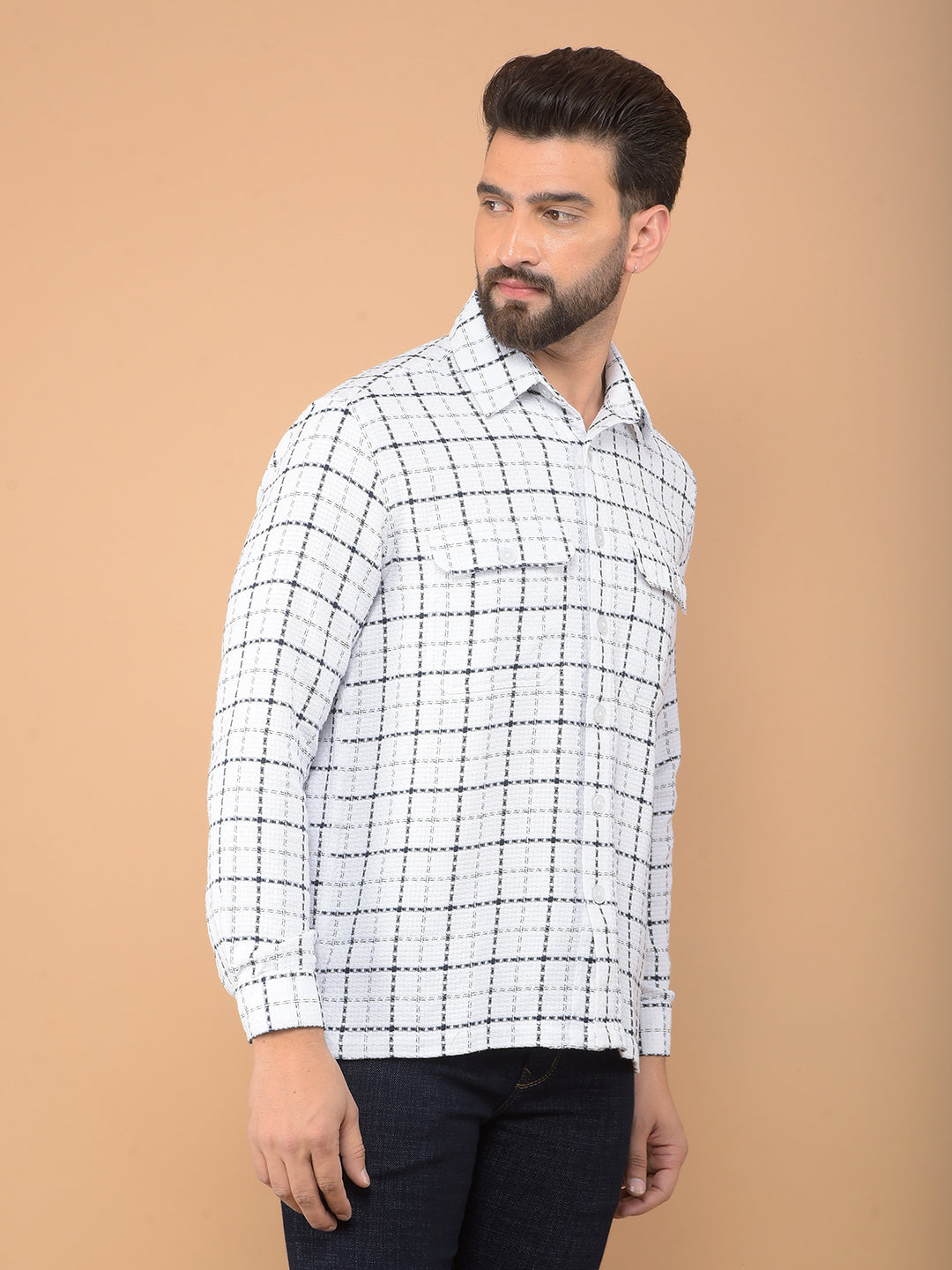 White Checked 100% Cotton Double Pocket Shirt-Men Shirts-Crimsoune Club