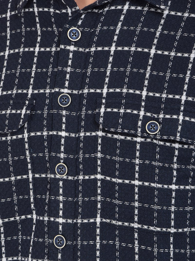 Navy Blue Checked 100% Cotton Double Pocket Shirt-Men Shirts-Crimsoune Club