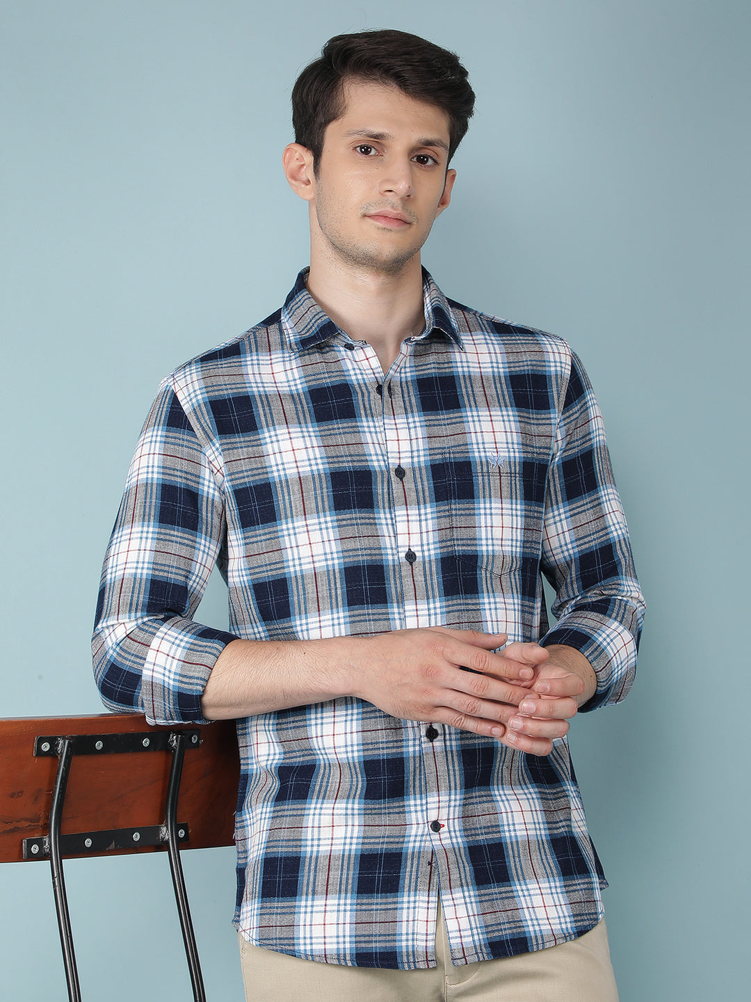 Blue Checkered 100% Cotton Shirt-Men Shirts-Crimsoune Club